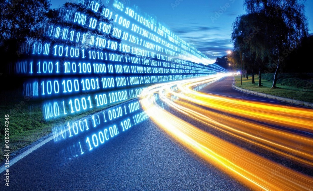 Poster city street with binary code numbers on motion blurred asphalt road , speed and faster digital matri