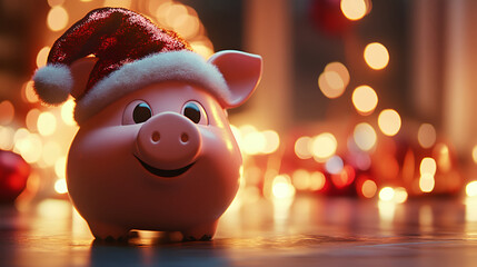 Piggy bank with Santa Claus hat on bokeh background , red and white Santa Claus hat on beautiful bokeh background , christmas piggy bank
