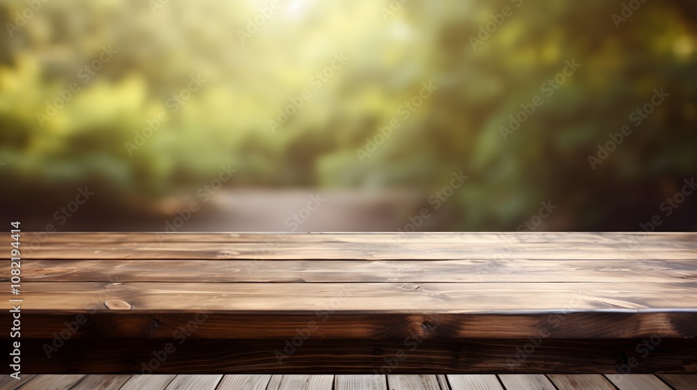 Poster empty wooden table isolated with a blurred backdrop ai generated illustration