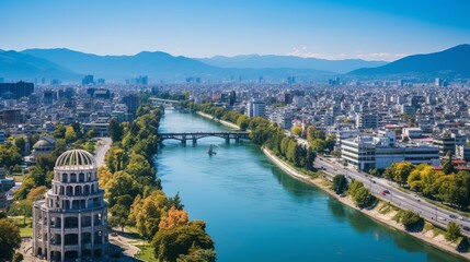 Naklejka premium Captivating Perspectives: Unveiling the Atomic Bomb Dome and Motoyasu River in Hiroshima, Japan