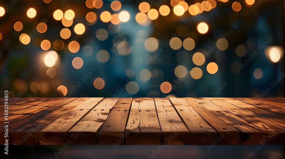 Poster empty wooden table top with blurry lights in the background and space for text ai generated illustra