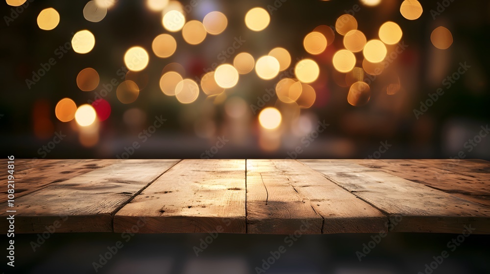 Poster empty wooden table top with blurry lights in the background and space for text ai generated illustra