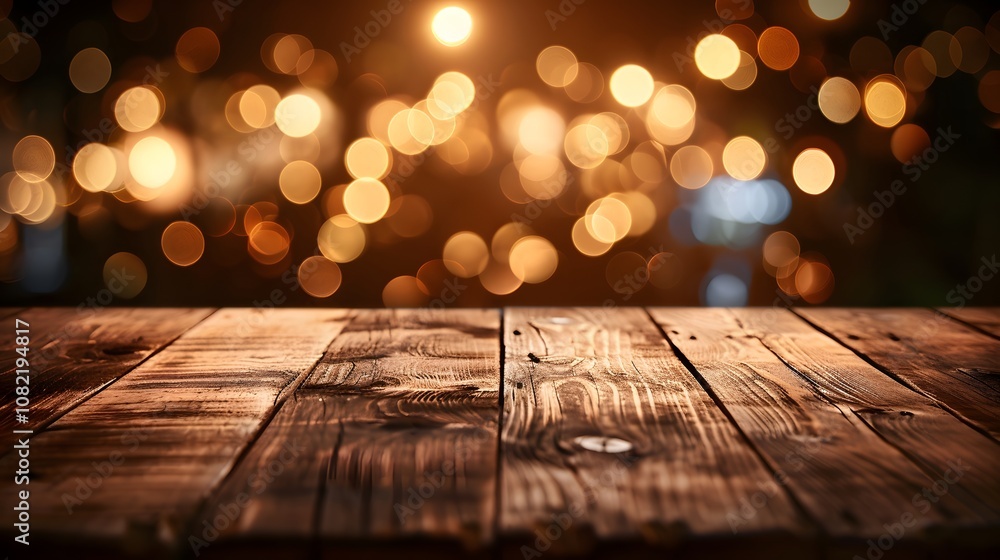 Poster empty wooden table top with blurry lights in the background and space for text ai generated illustra