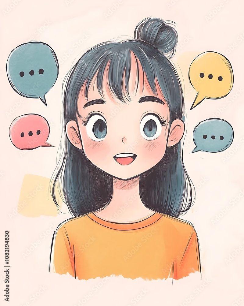 Poster prototyping user friendly brightly colored chibi character with speech bubbles