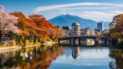 Fototapeta premium Resilience and Reflection: Capturing the Atomic Bomb Dome and Motoyasu River in Hiroshima, Japan