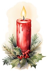 Festive watercolor of a candle for a custom Christmas card print AI generated illustration