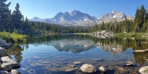 crystal-clear mountain lake reflecting the surrounding peaks, Generative AI