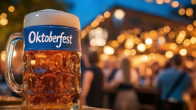 Oktoberfest Celebration Evening Outdoor Party with Beer Mug, Festive Lights, and Joyful People Enjoying Festival Atmosphere