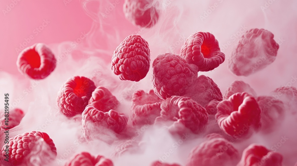 Poster fresh raw red raspberries burst and scatter against a pink backdrop with steam and smoke creating a 