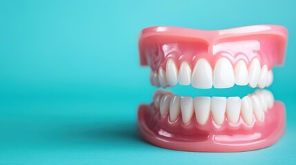 Fototapeta premium Dentures for the elderly, Detailed view of dentures in supportive structure, promoting oral health, dentures, daily use, oral care