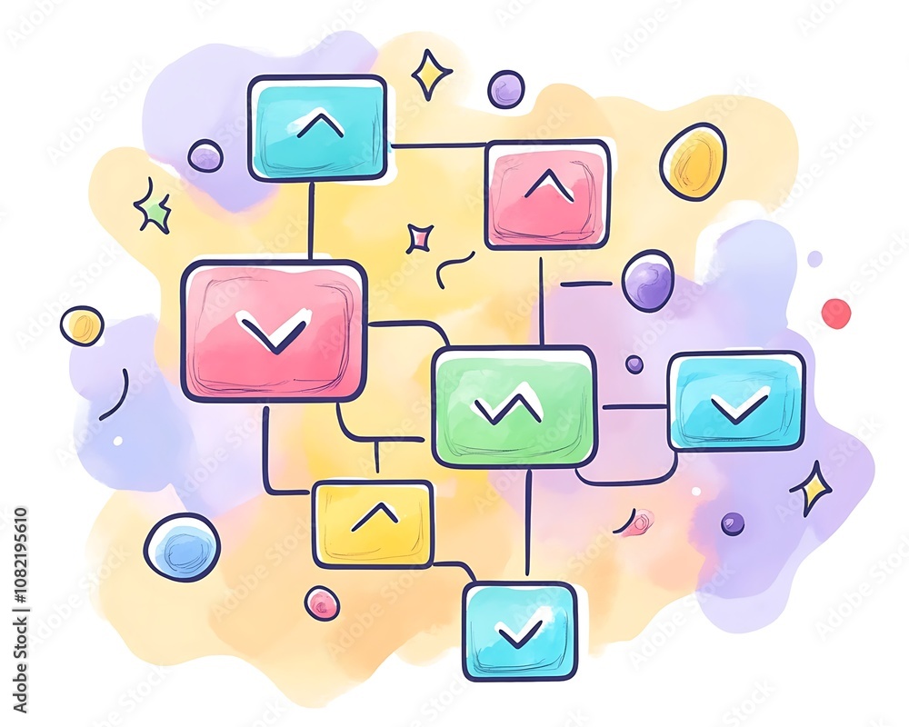 Poster prototyping user friendly brightly colored chibi style flowchart illustration
