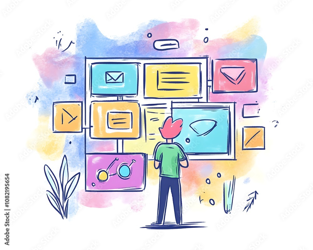 Poster prototyping user friendly vibrant chibi character with colorful background