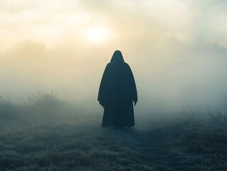 Cloaked figure walking through a foggy battlefield at dawn fallen soldiers  souls rising as translucent spirits fading into the mist
