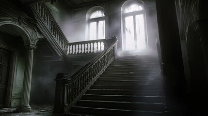 Fototapeta premium Abandoned Mansion with Haunting Shadows Decaying Grandeur and Eerie Atmosphere