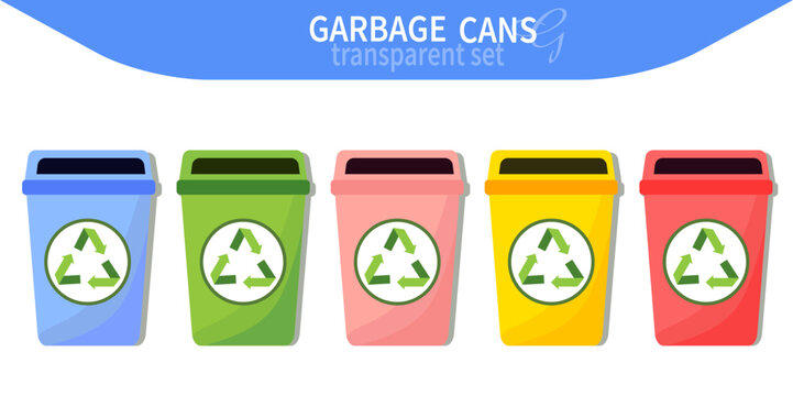 Vector illustration of a set of colorful garbage cans with recycling symbols on a transparent background.