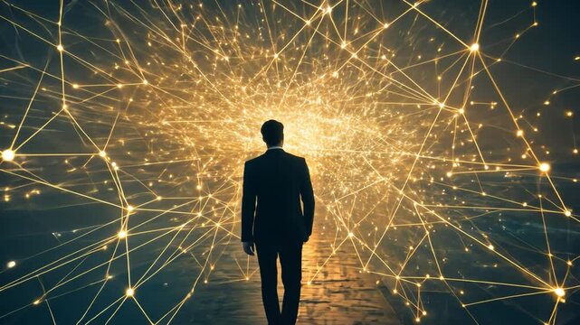 Stepping into the Digital Age: A lone businessman walks towards a radiant network of interconnected lines, symbolizing the boundless potential of technology and the future.  