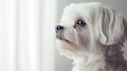 Attentive Maltese dog gazing away with a background that offers ample copy space