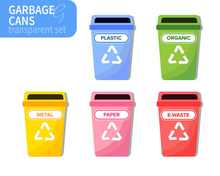 Vector illustration of a set of colorful garbage cans with recycling symbols on a transparent background.