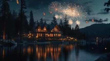 Lakefront Cabin Under Fireworks Display