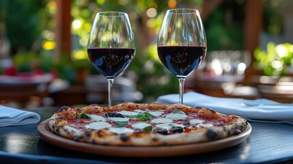 Delectable pizza paired with exquisite wine in an outdoor garden setting Focus on the appetizing Italian cuisine and revitalizing drink perfect for a delightful al fresco dining experience