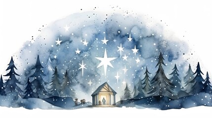 Fototapeta premium minimalistic watercolor christmas nativity night scene AI generated illustration