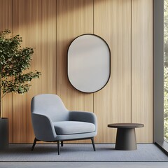 Modern room with a unique round frame mockup displayed on a central wall,