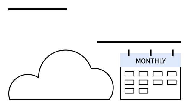 Cloud icon next to a monthly calendar, representing recurrent scheduling for cloud-based activities. Ideal for project management, cloud services, scheduling apps, IT planning, productivity tools