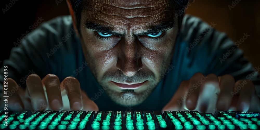 Poster intense focus on a keyboard by a person, suggesting concentration on technology or coding.