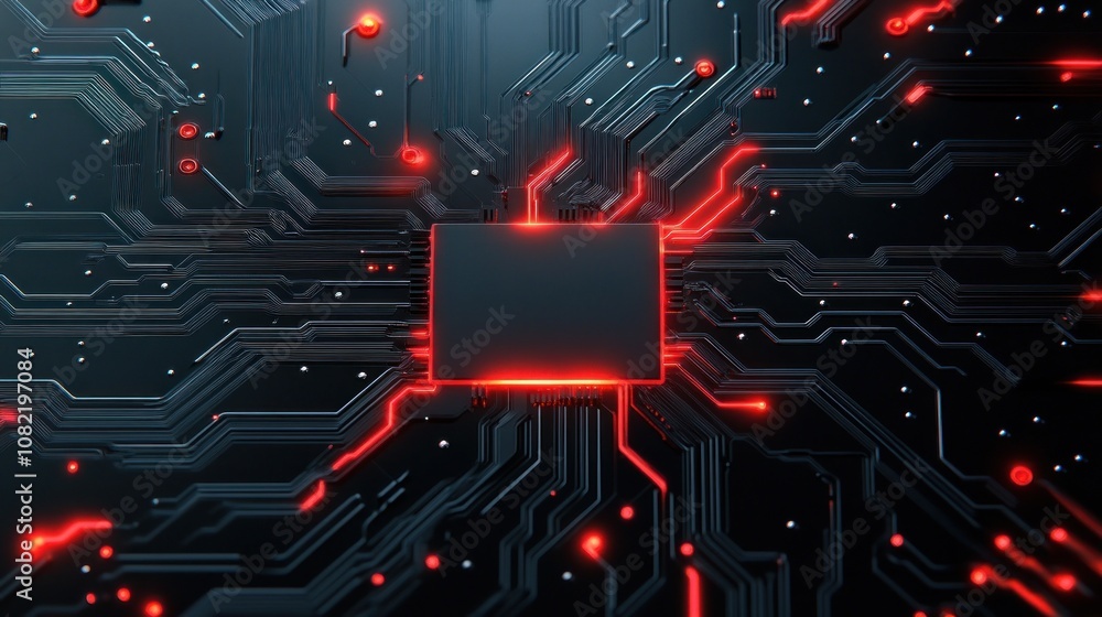 Poster abstract circuit board design with red highlights and central chip.