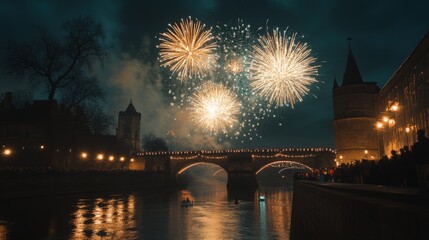Fireworks Display Over River Bridge Night Celebration