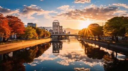 Obraz premium Resilient Remnants: The Majestic Atomic Bomb Dome and Motoyasu River in Hiroshima, Japan