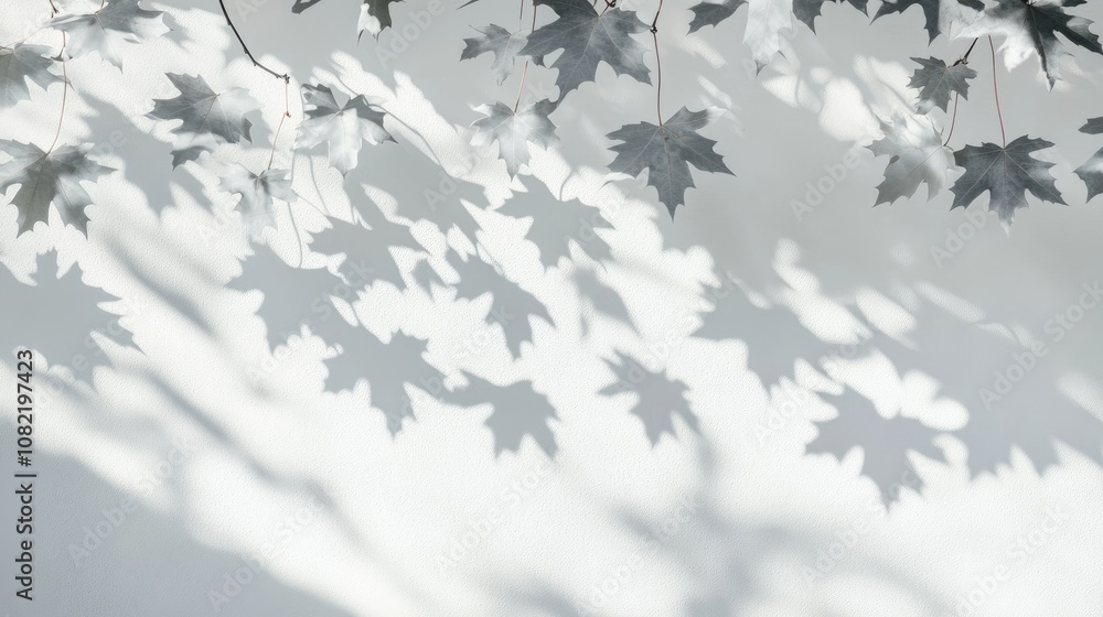 Poster gray shadows of maple tree leaves cast on a white wall an abstract blurred background creates a neut