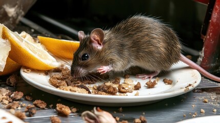 Fat rat consuming crumbs in a cafe kitchen Poor hygiene and unsanitary practices are evident Represents sanitation inspection issues Mouse found in a restaurant s dining area