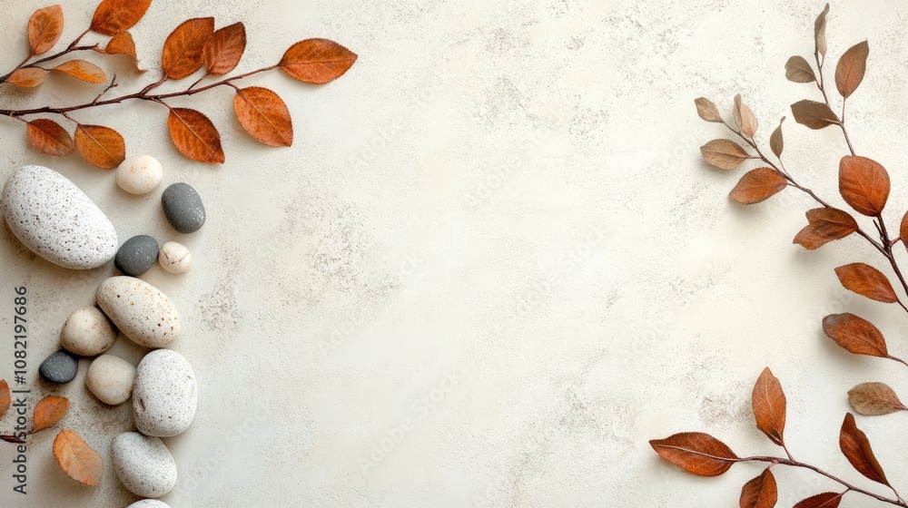 Aufkleber botanical twig background delicate leaves and pebbles on a light surface with room for text