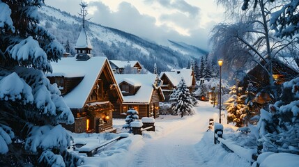 Naklejka premium picturesque scene of a snowy mountain village with log houses and fireplaces AI generated illustration