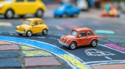 Miniature Cars on Chalk Road in Vibrant Outdoor Setting, Capturing the Joy of Playtime and Imagination in Bright Colors and Cheerful Environment for Kids