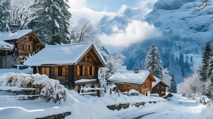 Naklejka premium picturesque scene of a snowy mountain village with log houses and fireplaces AI generated illustration
