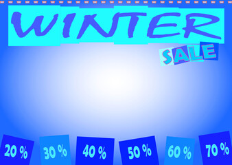 Banner, winter sales and blue gradient background, copy space.