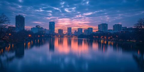 Obraz premium beautiful city skyline with reflections on a calm river at dusk, Generative AI