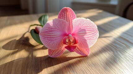 Single pink orchid blossom on wooden table in sunlight.