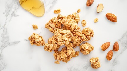 Homemade Granola Clusters on White Marble: Professional Food Photography Featuring Honey Drizzler and Almonds in a Clean, Focused Composition with Studio Lighting.
