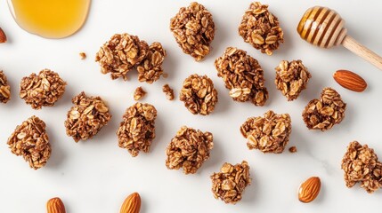 Homemade Granola Clusters on White Marble: Professional Food Photography Featuring Honey Drizzler and Almonds in a Clean, Focused Composition with Studio Lighting.
