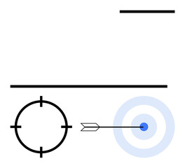 Arrow hitting the bullseye of a target with crosshair sight and straight lines. Ideal for precision, goal setting, accuracy, focus, success strategies, target setting, and achievement. Line metaphor