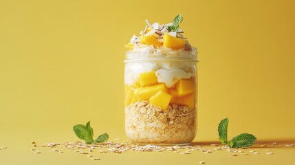 Overnight Oats in a Clear Glass Jar: Layers of Fresh Mango and Coconut, Styled with Scattered Oats and Mint, Sharp Focus, and Clean Commercial Composition.