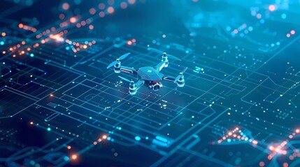 Obraz premium Striking Scientific Illustration of a Drone Hovering Above a Gridded Surface, Set Against a Deep Blue Background with Luminous Lines, Presented in an Isometric View with a Tilt-Shift Lens Effect 