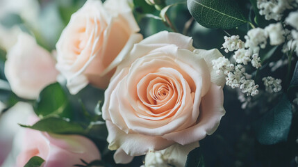 Detailed shot of floral wallpaper with pastel roses and leaves, softly lit.