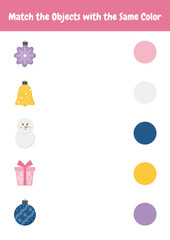 Worksheet for preschoolers, kindergarten, school kids. Christmas educational activities for children, easy level, education game. Matching, sorting games. Learning colors educational materials.
