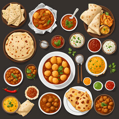Set of all Indian Desi foods, top view. Asian cuisines set, top view. All Indian traditional Foods collection. Paneer curry, samosa, kofta, omelet, chole bhature, garlic naan, chole, fried rolls.