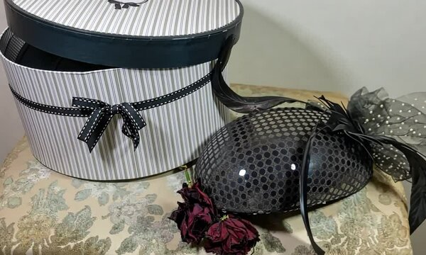 Chapeau bibi &agrave; voilette noire avec plumes et sequins, pr&eacute;sent&eacute; &agrave; c&ocirc;t&eacute; de sa bo&icirc;te &agrave; chapeau &eacute;l&eacute;gante, accessoire de mode raffin&eacute; typiquement Parisien