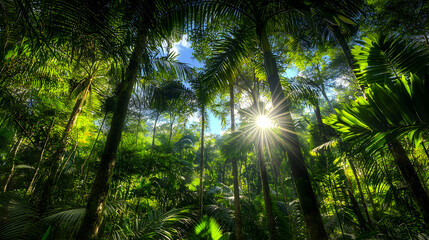 Naklejka premium Sunlight Through Palm Trees in a Tropical Rainforest Photo